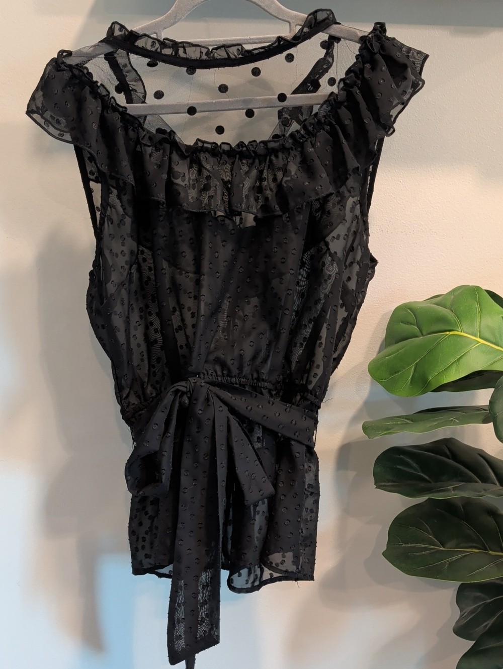New York & Company Black Sheer Dot Ruffle Tie-Waist Blouse